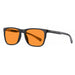 Sunglasses with orange lenses and black frame on a white background